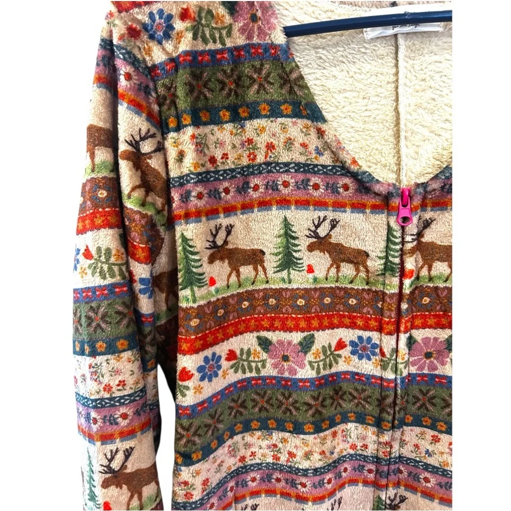 Natural Life PJ Onesie Zip Up Fleece Cozy Jumpsuit Moose Nature Outdoor Print XS - Picture 4 of 11